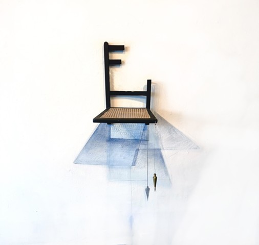 Wall sculpture with wall drawing of cast shadows in graphite and chalk.