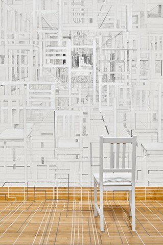 Detail of a site specific installation completed at San Francisco State University Gallery in 2019. The graphite wall drawing depicts the location, the chair was found on the site and the lines from within the drawing come out onto the floor plane.