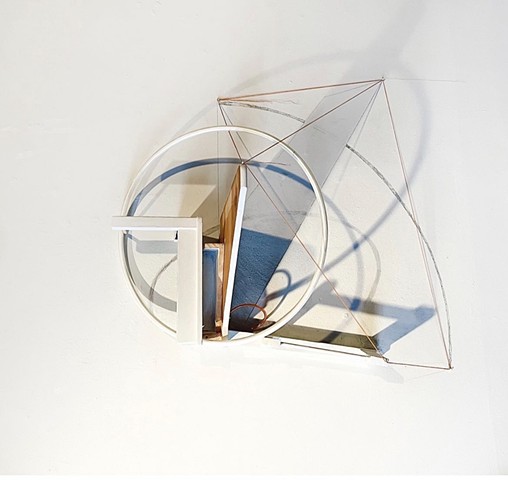 This is a  wall-drawing, comprised of a reconfigured found chair, pvc circles, graphite and chalk drawn real and imaginary cast shadows, thread and map pins.