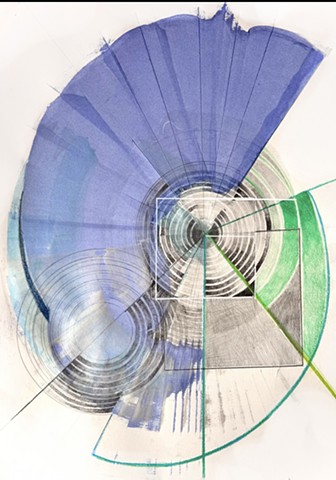 This is a large drawing combining chance and precision, graphite and colored pencil detailed drawing with an arc of metallic ink.