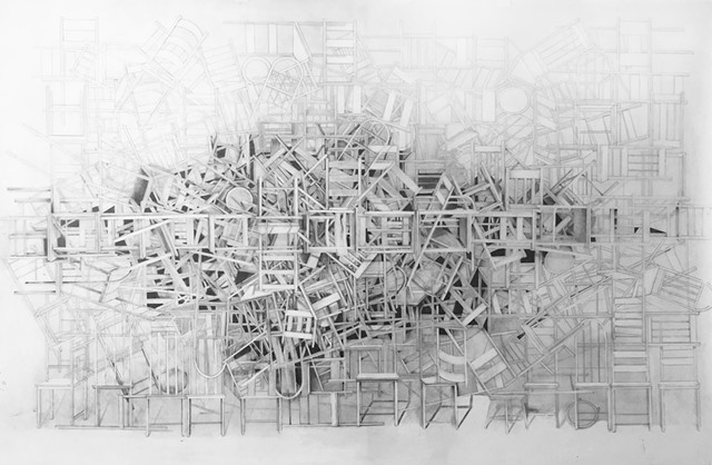Detailed layered architectural spaces, graphite on mylar by Sheila Ghidini.