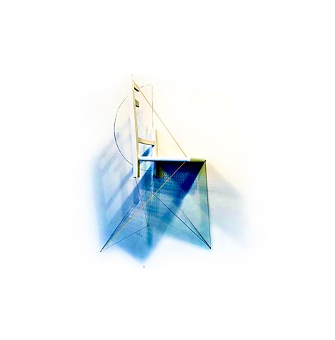 This is a sculpture of a reconfigured found chair with a drawing of its cast shadow;  painted wood, pastel and graphite, thread, map pins