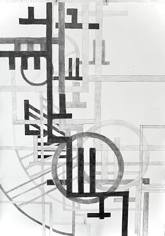 This is a large drawing of negative spaces and cast shadows, graphite and chalk on paper, 36"X48"