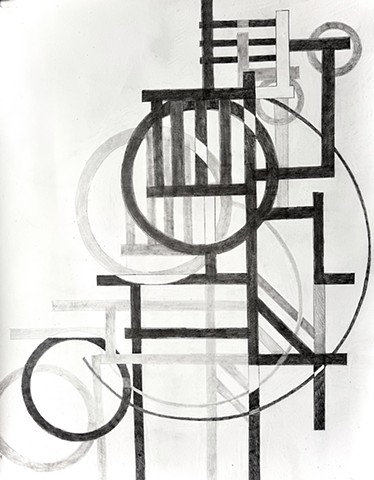 This is a large drawing of negative spaces and cast shadows, graphite and chalk on paper, 36"X48"