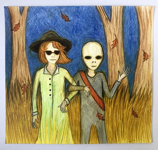 Woman walking with extra terrestrial friend. 