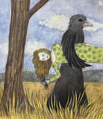 Figure being carried away by crow figure.