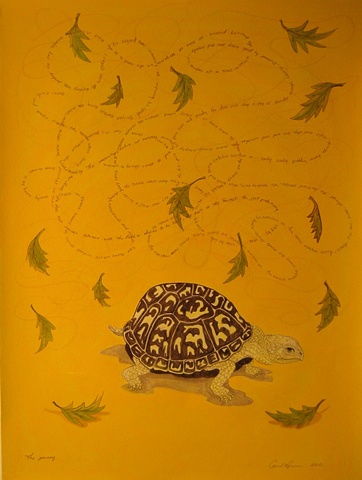 Turtle painting with words and leaves floating in air.