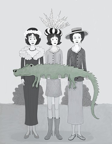 Women holding crocodile.