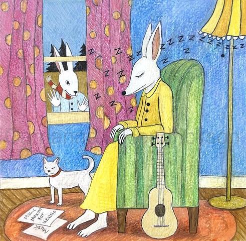 Mother rabbit playing ukulele.