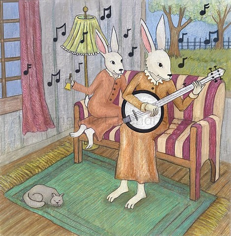 Mother rabbit learning banjo.