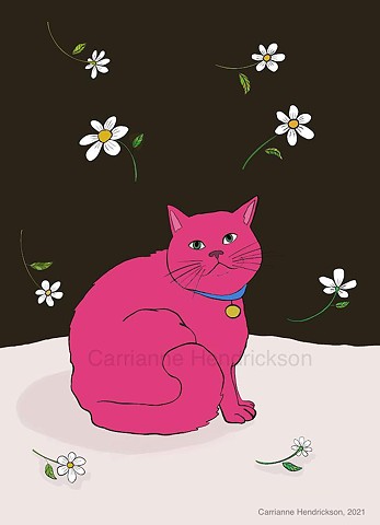 Pink cat with daisies (card design).
