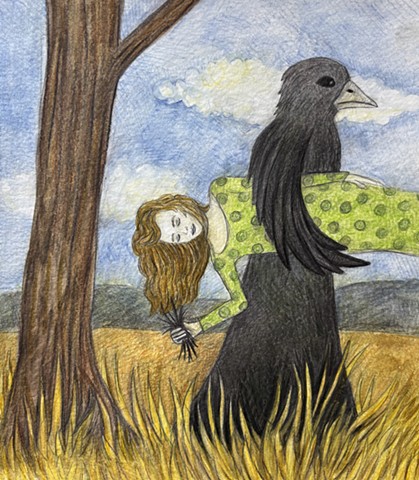 Figure being carried away by crow figure.