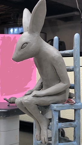 Rabbit figure in progress. Lowfire clay.