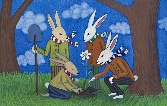 Rabbits planting flower.