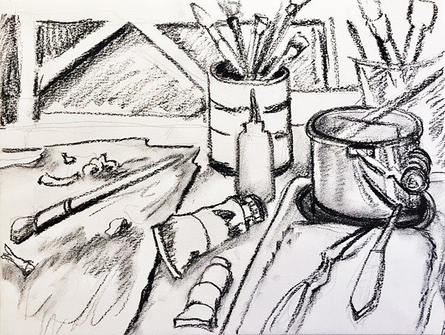 a drawing of my oil painting set-up in the studio