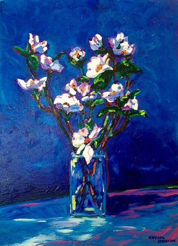 Blue vase acrylic painting art colorful chelsea sebastian, dogwood white flowers bouquet