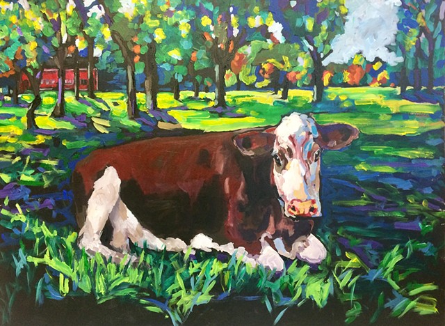 cow hunnewell wellesley colorful laying down chelsea sebastian art painting acrylic color farm