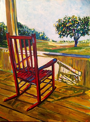 Chelsea Sebastian Red Rocking Chair Yellow Sunrise Porch Cushing Island Maine View Chelsea Sebastian Painting