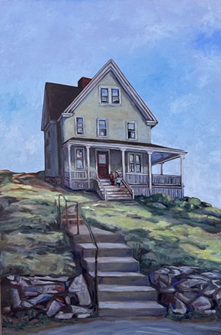 Chelsea Sebastian fine art painting oil house Wellesley Massachusetts American home children kids steps stairway green 