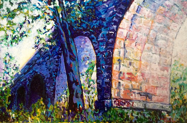 blue tree wellesey art colorful chelsea sebastian painting bridge aqueduct 