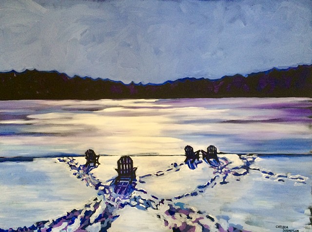 winter painting acrylic chelsea sebastian wellesley art blue adirondack chairs frozen lake 