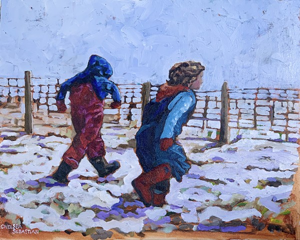Chelsea Sebastian painting fine art children run race snow winter