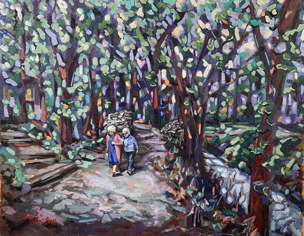 Painting art oil Chelsea Sebastian figures park trees path Wellesley ma hike color 