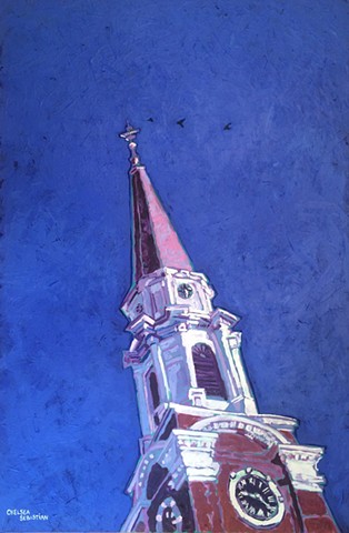 Wellesley art painting church blue colorful Chelsea Sebastian birds pink