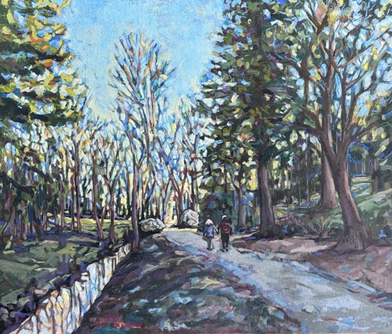 Chelsea Sebastian painting fine art oil path park tree brook river stream colorful rocks boulder tree