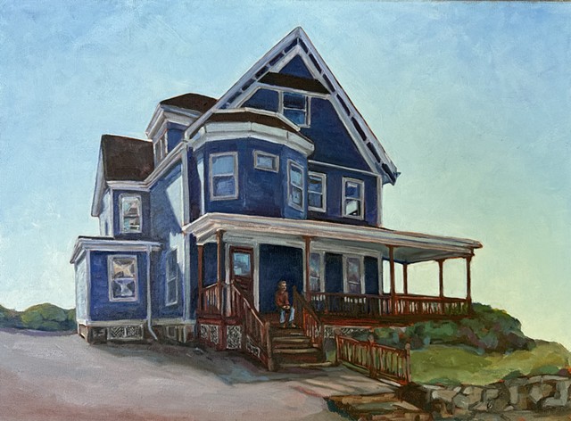 Wellesley Massachusetts Chelsea Sebastian painting fine art blue house architecture historic home man porch