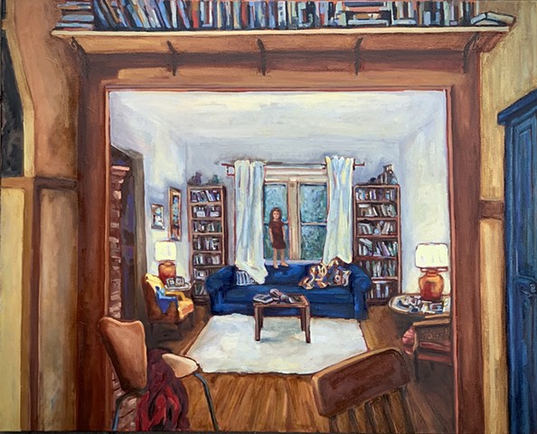 Chelsea sebastian oil painting done art Boston Wellesley blue couch chair books light 