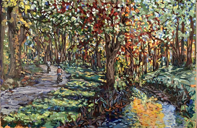 Chelsea Sebastian oil painting art Wellesley tree trails Brook fuller bike 