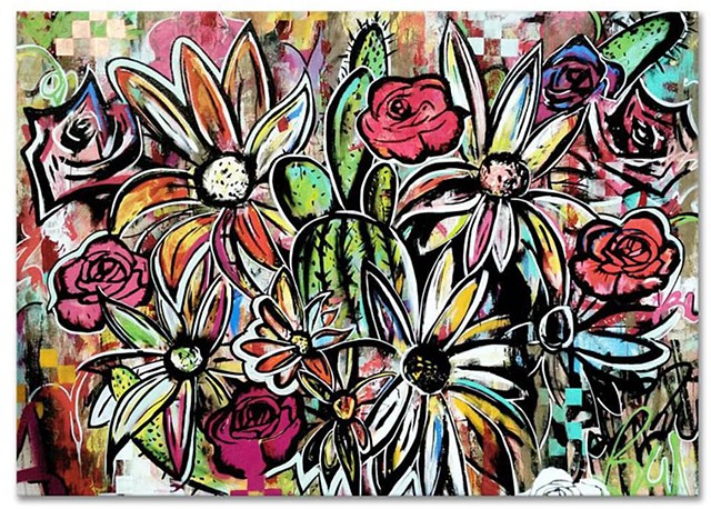 'Desert Bloom, Genesis 1:11' 84in x 60in, Aerosol and Oil on Canvas. Commissioned piece for Chase Bank in Dallas, Texas