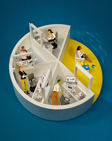 Boring office cubicles form the shape of a pie chart, but the biggest wedge is a beach for a happy worker