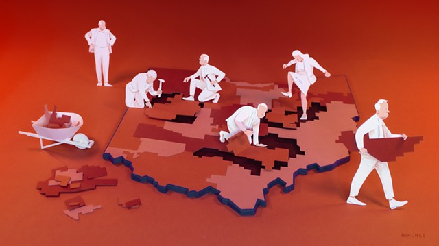 A group of all white politicians force oddly shaped voting districts into a giant map of Ohio