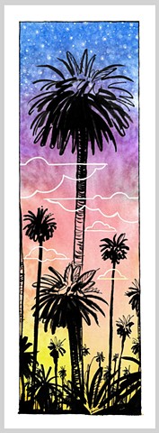 1980 palm tree los angeles california hollywood sunset stars clouds ink drawing gouache painting original art