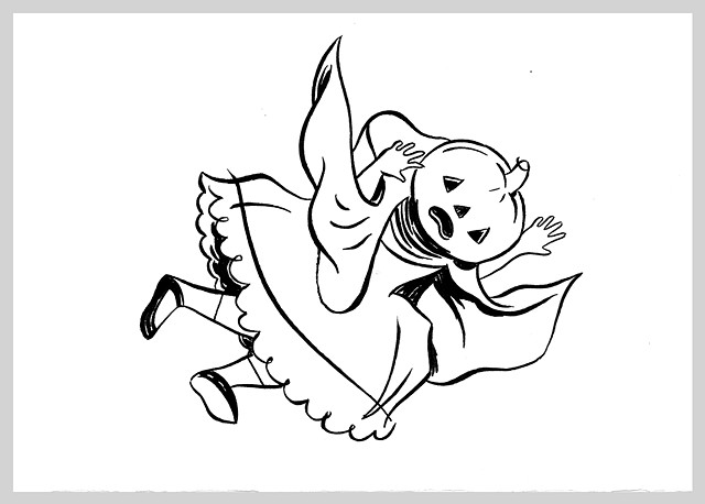 ink drawing brush pumpkin halloween vintage girl falling original art illustration