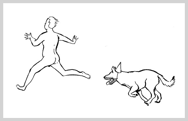ink drawing brush pen original art illustration naked streak streaker dog party hat run man