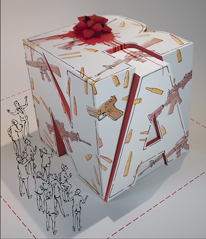 Sculptural letters, "N", "R", "A" are forced into a box shape, wrapped in gun giftwrap, and topped with a bloody bow.