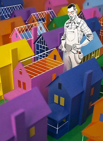 A building contractor stands in a sea of colorful, unfinished, and unoccupied houses.