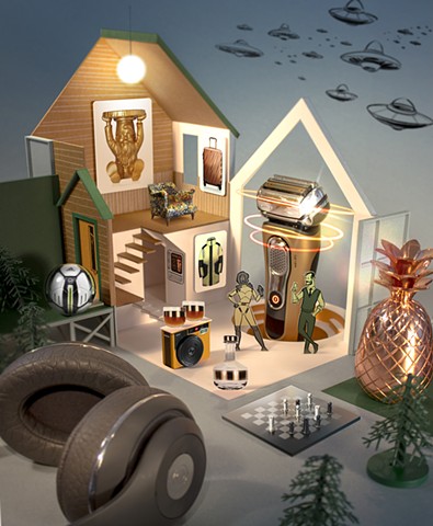A miniature Hollywood cabin film set surrounded by high end recreation and technology gifts