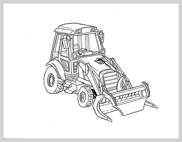 ink drawing brush bulldozer logger machine heavy truck original art illustration