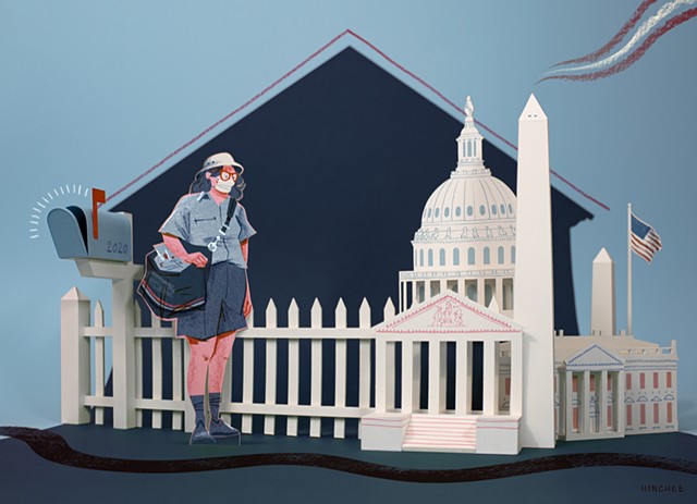 A suburban picket fence and mailbox transforms into the monuments of Washington DC as a postal worker looks on