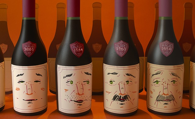 A shelf full of wine bottles with labels showing a face that ages from childhood to old age on each consecutive bottle