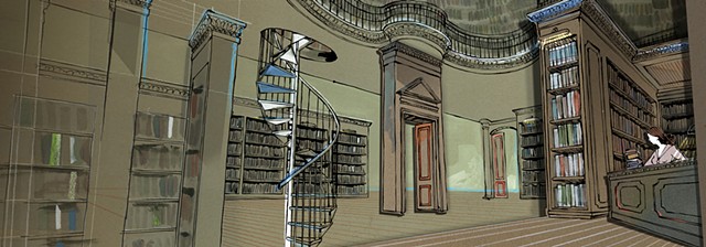 magazine, travesties, architecture, library, book, shelves, read, librarian, stair, illustration, illustrator, sculpture, paper, cut, drawing, ink, line, sketch, relief, image, art, artist, photograph, photography, conceptual, editorial