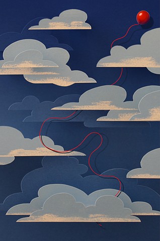 A red balloon with a long red string meanders through cut paper clouds and a deep blue sky.