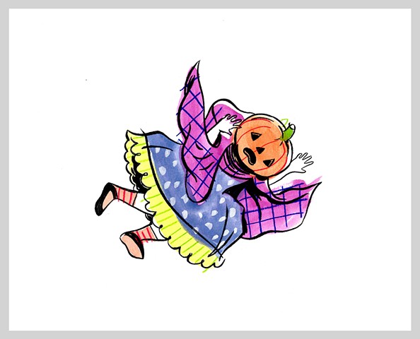 ink drawing brush pumpkin halloween vintage girl falling original art illustration