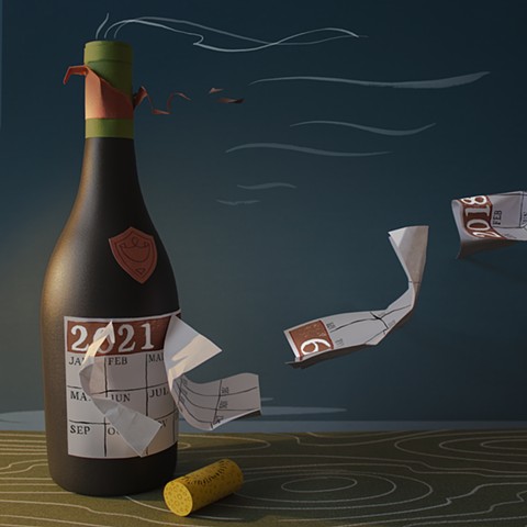 A wine bottle with a calendar label, with years blowing away showing the passage of time