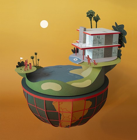 Sitting atop the bottom half of a globe is a waterfront golf course and a modern vacation home. 
