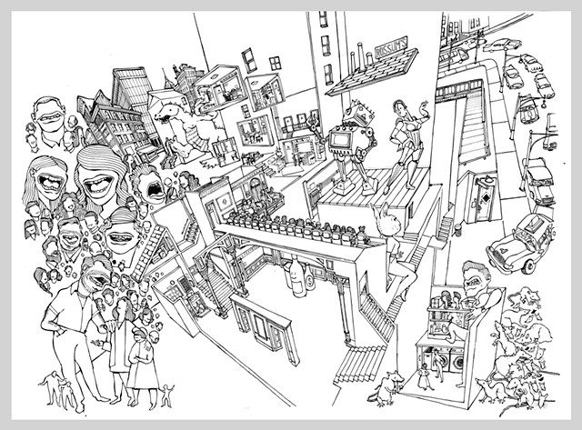 ink drawing brush theater city robot godzilla dinosaur urban busy bustling taxi streets architecture illustration audience fantasy original art